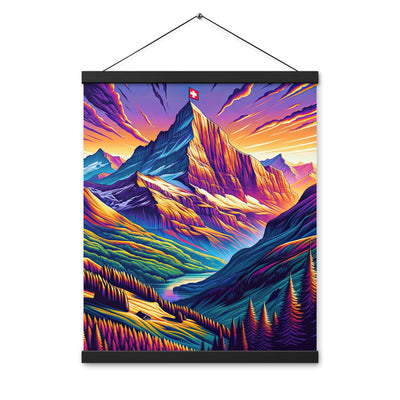 Bergpracht mit Schweizer Flagge: Farbenfrohe Illustration einer Berglandschaft - Premium Poster mit Aufhängung berge xxx yyy zzz 40.6 x 50.8 cm