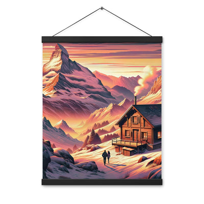 Berghütte im goldenen Sonnenuntergang: Digitale Alpenillustration - Premium Poster mit Aufhängung berge xxx yyy zzz 40.6 x 50.8 cm