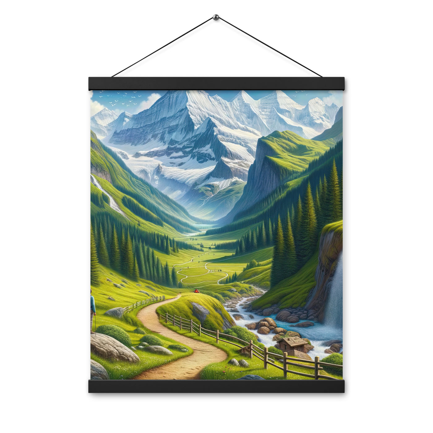 Wanderer in den Bergen und Wald: Digitale Malerei mit grünen kurvenreichen Pfaden - Premium Poster mit Aufhängung wandern xxx yyy zzz 40.6 x 50.8 cm