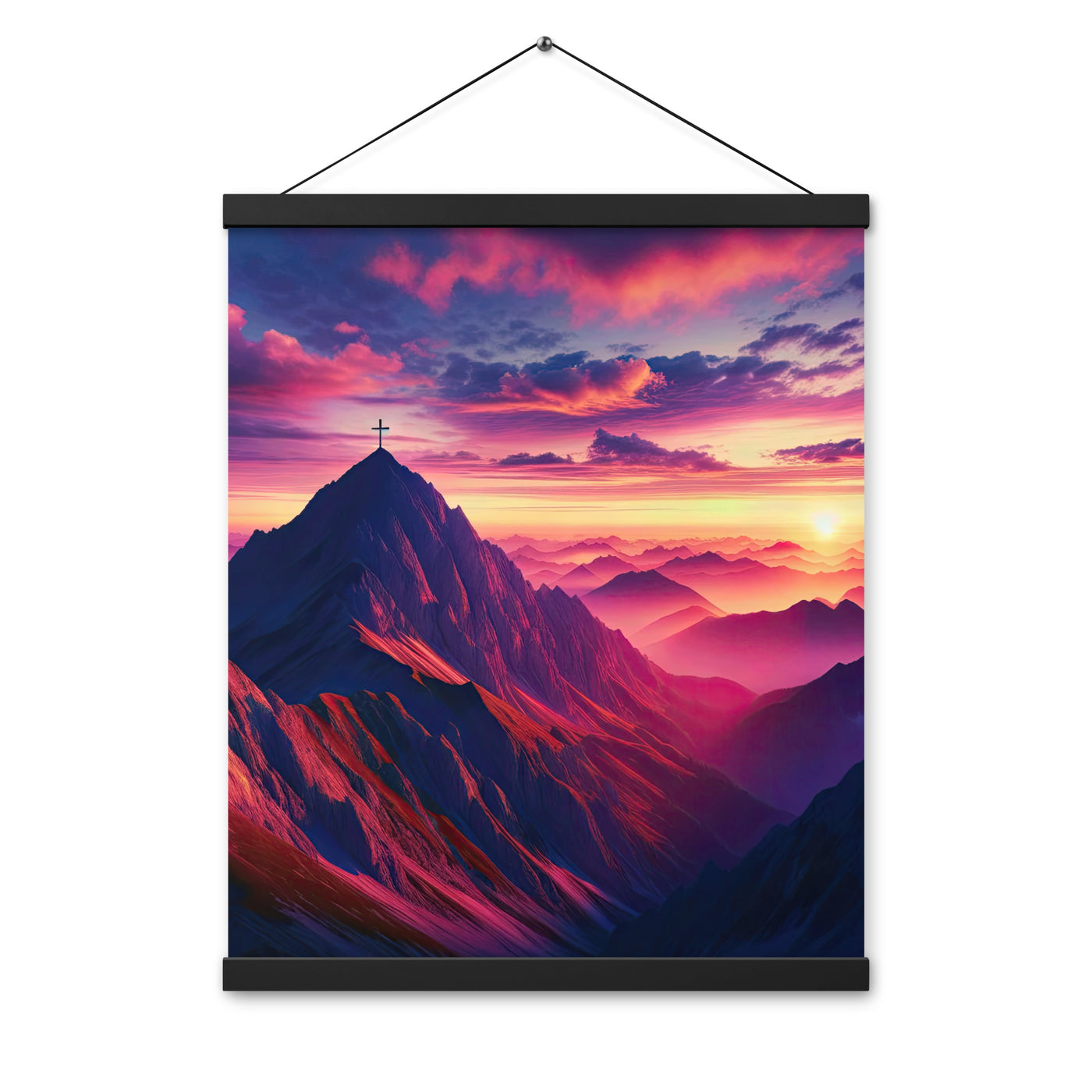 Dramatischer Alpen-Sonnenaufgang, Gipfelkreuz und warme Himmelsfarben - Premium Poster mit Aufhängung berge xxx yyy zzz 40.6 x 50.8 cm
