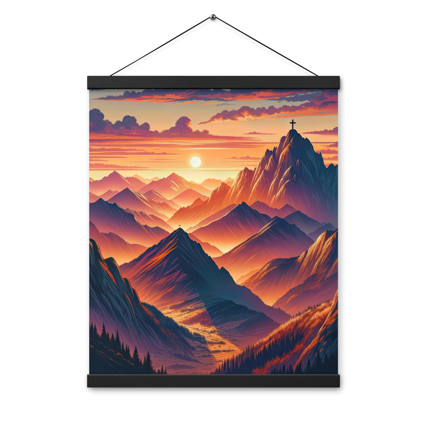 Dramatischer Alpen-Sonnenuntergang, Gipfelkreuz in Orange-Rosa - Premium Poster mit Aufhängung berge xxx yyy zzz 40.6 x 50.8 cm