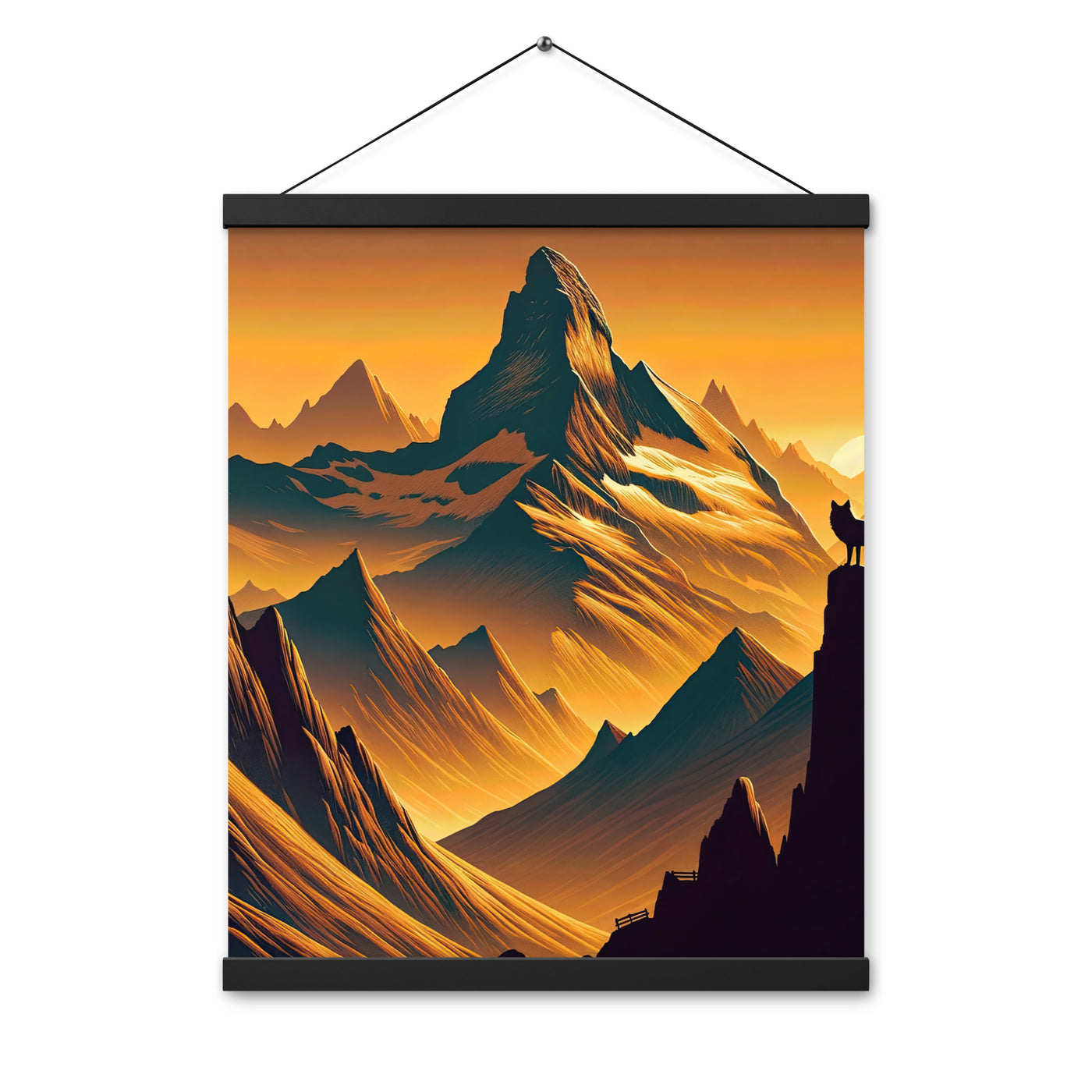 Fuchs in Alpen-Sonnenuntergang, goldene Berge und tiefe Täler - Premium Poster mit Aufhängung camping xxx yyy zzz 40.6 x 50.8 cm