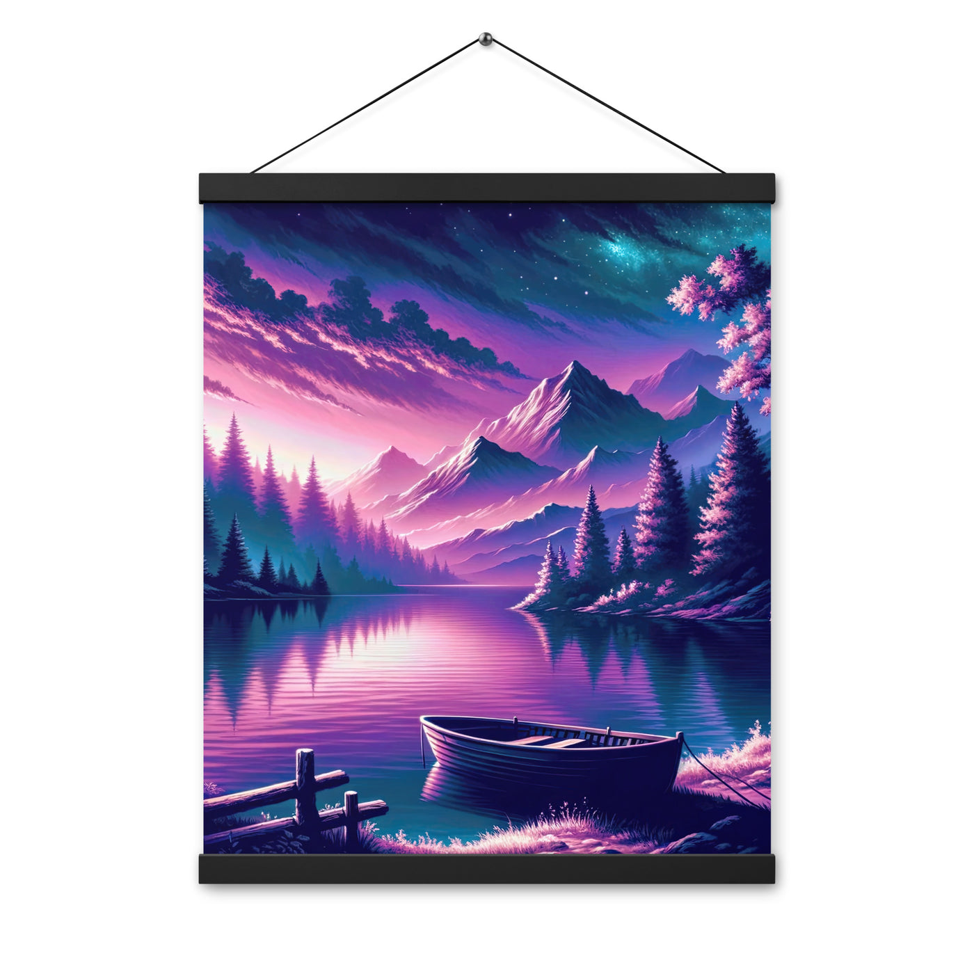 Magische Alpen-Dämmerung, rosa-lila Himmel und Bergsee mit Boot - Premium Poster mit Aufhängung berge xxx yyy zzz 40.6 x 50.8 cm