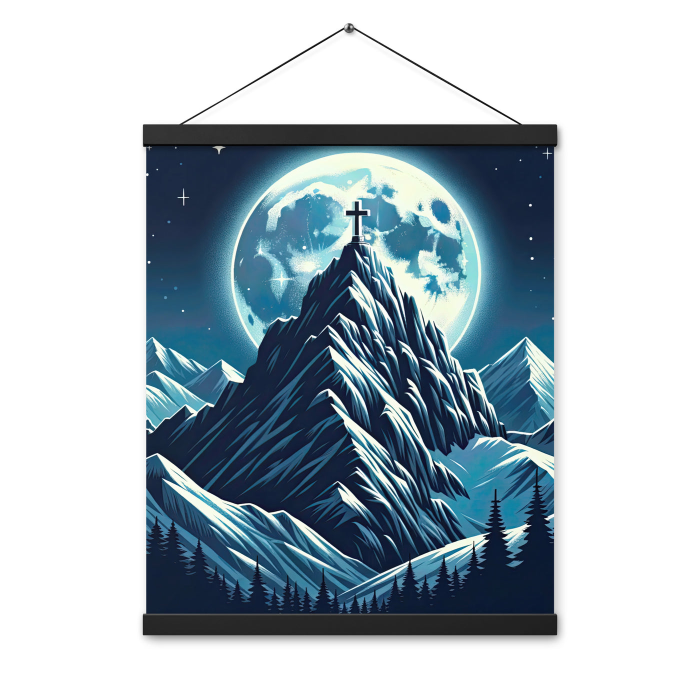 Mondnacht und Gipfelkreuz in den Alpen, glitzernde Schneegipfel - Premium Poster mit Aufhängung berge xxx yyy zzz 40.6 x 50.8 cm