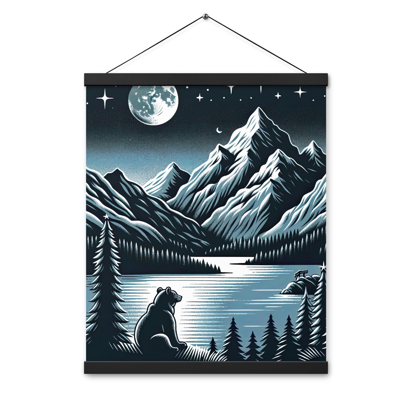 Bär in Alpen-Mondnacht, silberne Berge, schimmernde Seen - Premium Poster mit Aufhängung camping xxx yyy zzz 40.6 x 50.8 cm