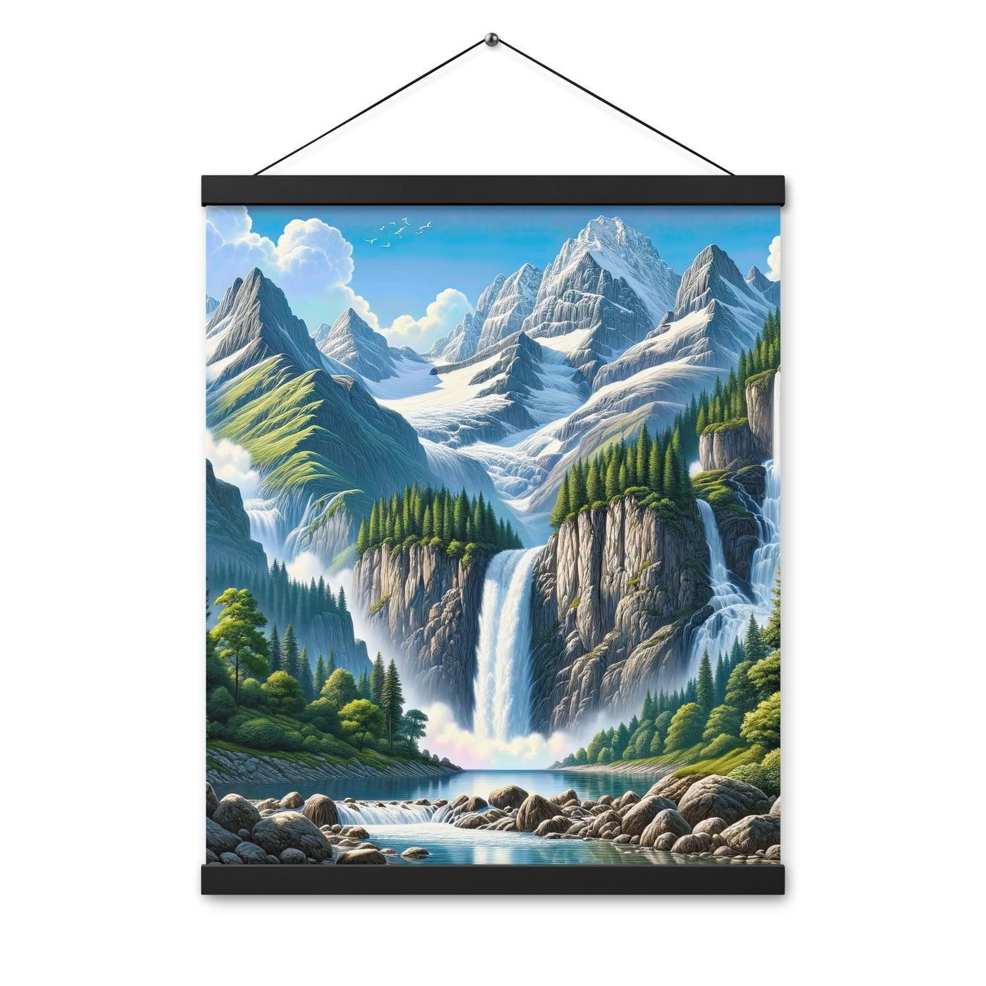 Illustration einer unberührten Alpenkulisse im Hochsommer. Wasserfall und See - Premium Poster mit Aufhängung berge xxx yyy zzz 40.6 x 50.8 cm