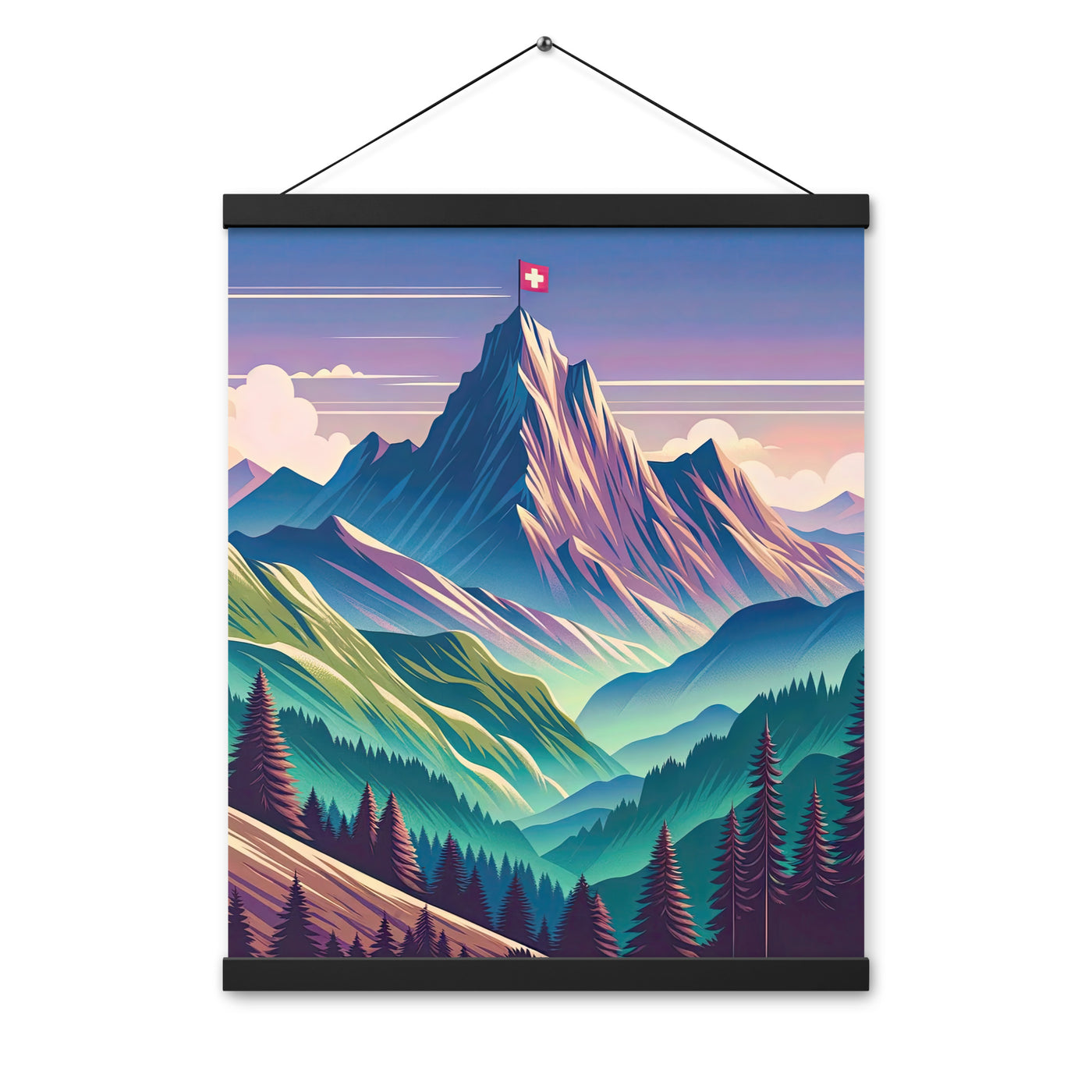 Harmonische Berglandschaft mit Schweizer Flagge auf Gipfel - Premium Poster mit Aufhängung berge xxx yyy zzz 40.6 x 50.8 cm
