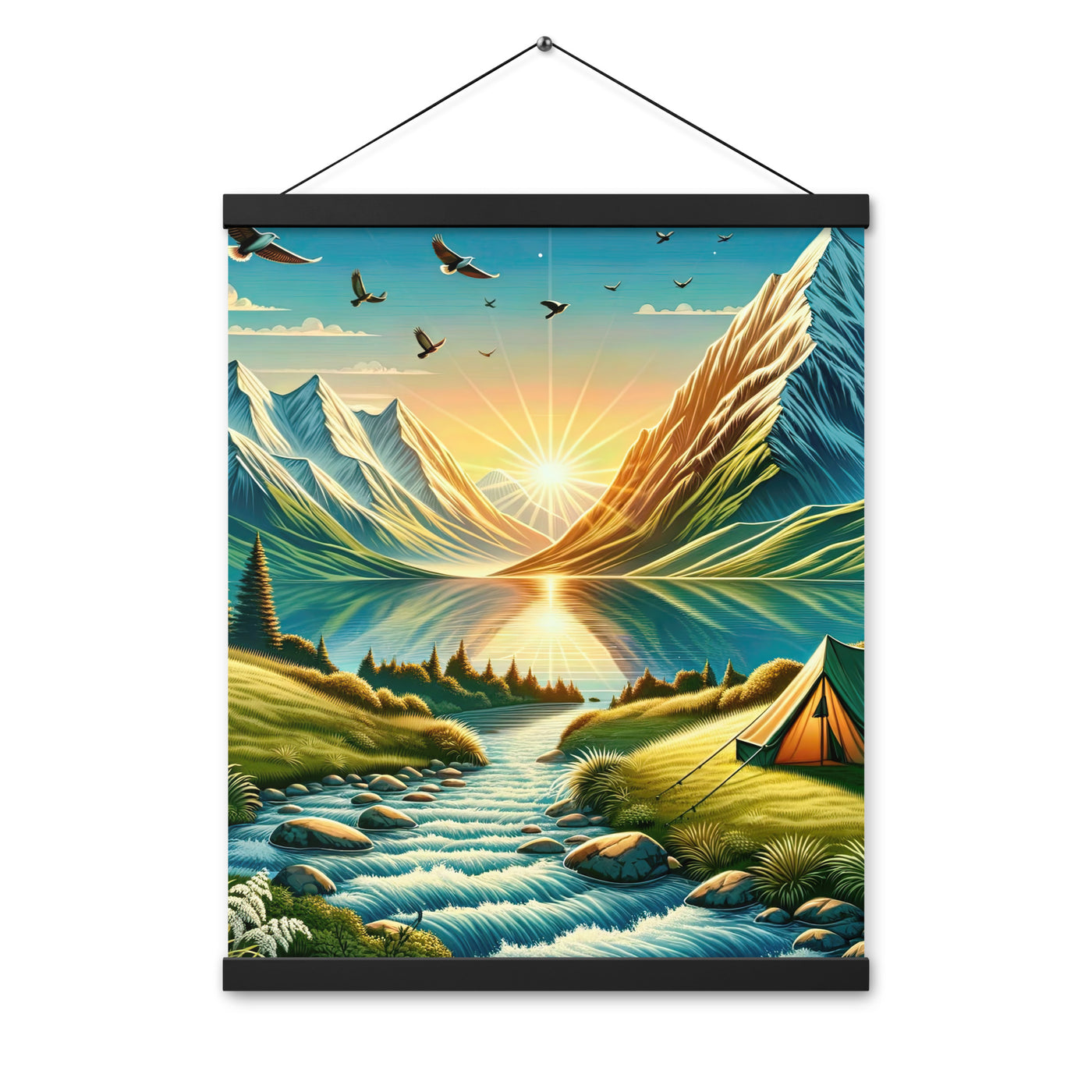 Zelt im Alpenmorgen mit goldenem Licht, Schneebergen und unberührten Seen - Premium Poster mit Aufhängung berge xxx yyy zzz 40.6 x 50.8 cm