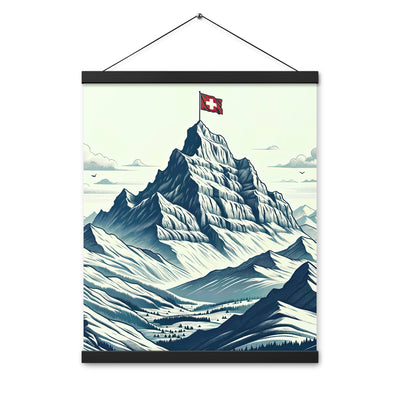 Ausgedehnte Bergkette mit dominierendem Gipfel und wehender Schweizer Flagge - Premium Poster mit Aufhängung berge xxx yyy zzz 40.6 x 50.8 cm