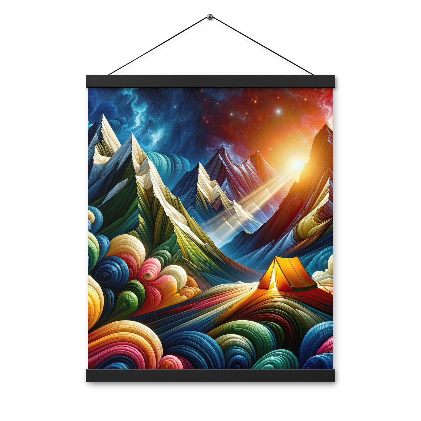 Abstrakte Bergwelt in lebendigen Farben mit Zelt - Premium Poster mit Aufhängung camping xxx yyy zzz 40.6 x 50.8 cm