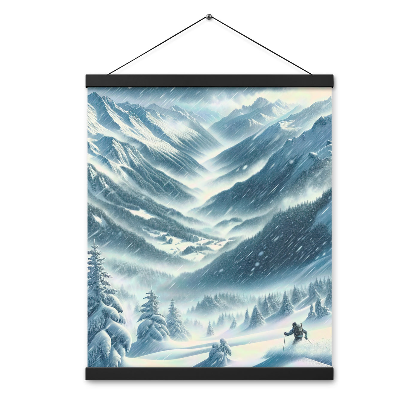 Alpine Wildnis im Wintersturm mit Skifahrer, verschneite Landschaft - Premium Poster mit Aufhängung klettern ski xxx yyy zzz 40.6 x 50.8 cm