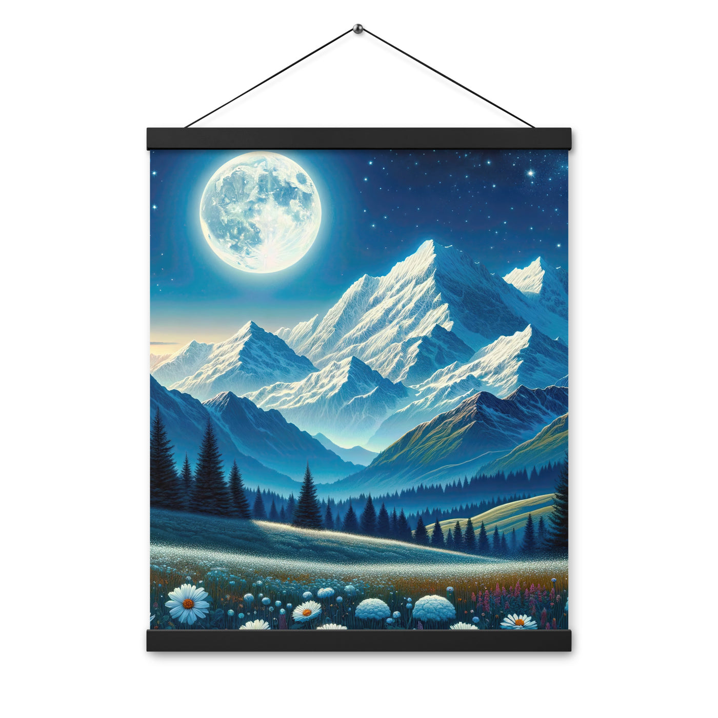 Klare frühlingshafte Alpennacht mit Blumen und Vollmond über Schneegipfeln - Premium Poster mit Aufhängung berge xxx yyy zzz 40.6 x 50.8 cm
