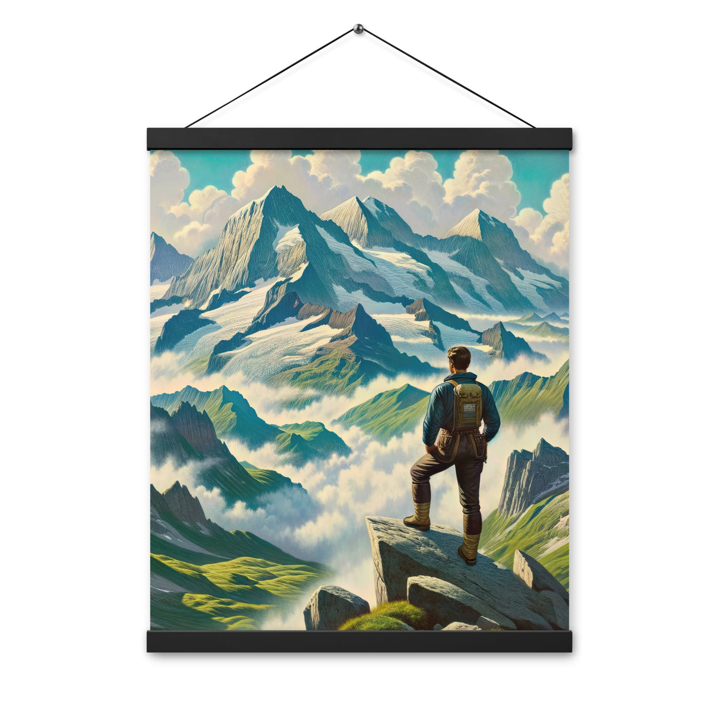 Panoramablick der Alpen mit Wanderer auf einem Hügel und schroffen Gipfeln - Premium Poster mit Aufhängung wandern xxx yyy zzz 40.6 x 50.8 cm