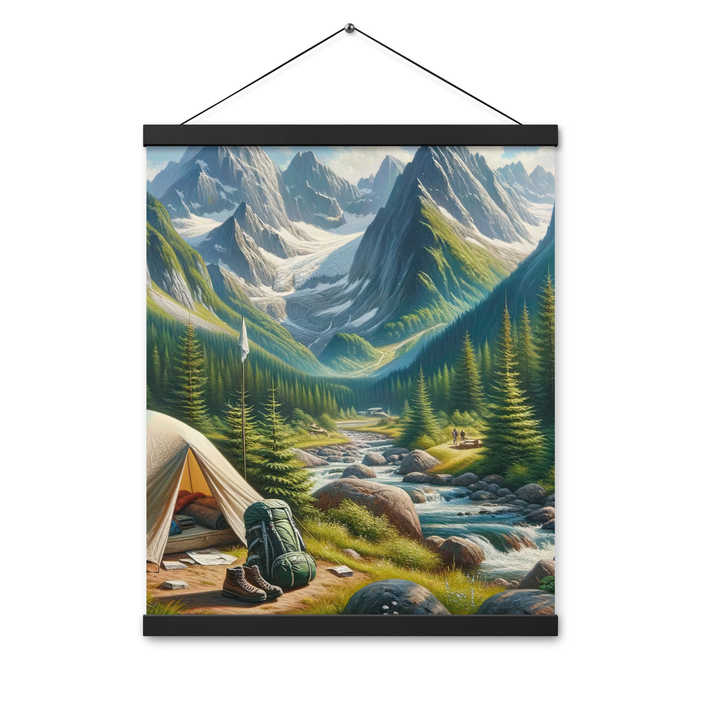 Ölgemälde der Alpensommerlandschaft mit Zelt, Gipfeln, Wäldern und Bächen - Premium Poster mit Aufhängung camping xxx yyy zzz 40.6 x 50.8 cm