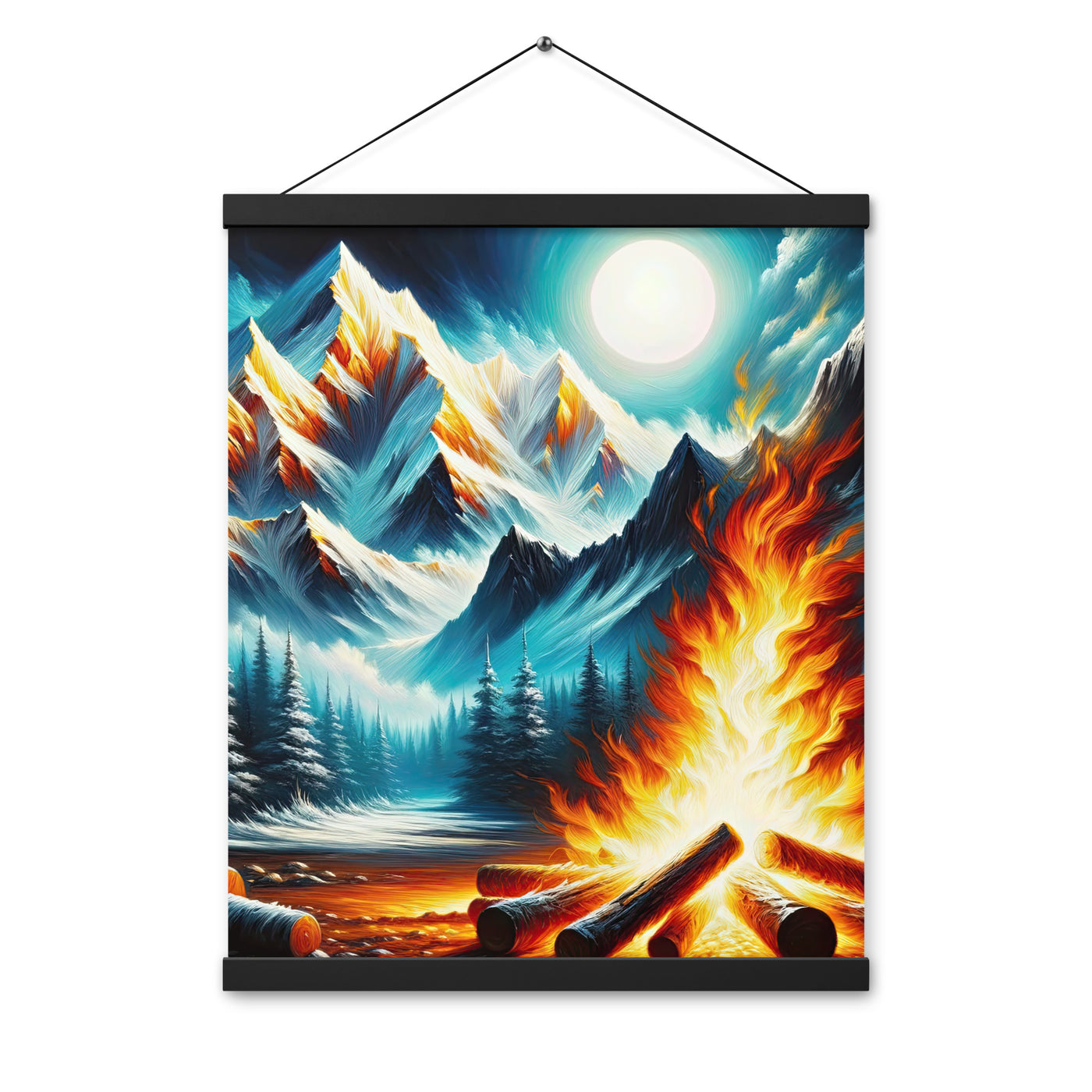 Ölgemälde von Feuer und Eis: Lagerfeuer und Alpen im Kontrast, warme Flammen - Premium Poster mit Aufhängung camping xxx yyy zzz 40.6 x 50.8 cm