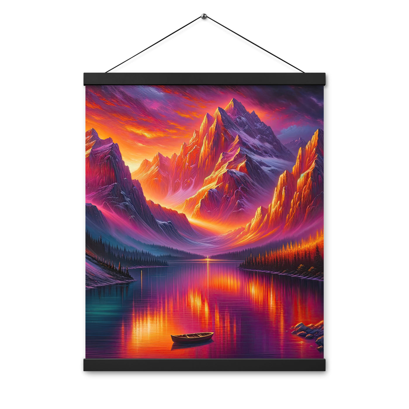 Ölgemälde eines Bootes auf einem Bergsee bei Sonnenuntergang, lebendige Orange-Lila Töne - Premium Poster mit Aufhängung berge xxx yyy zzz 40.6 x 50.8 cm