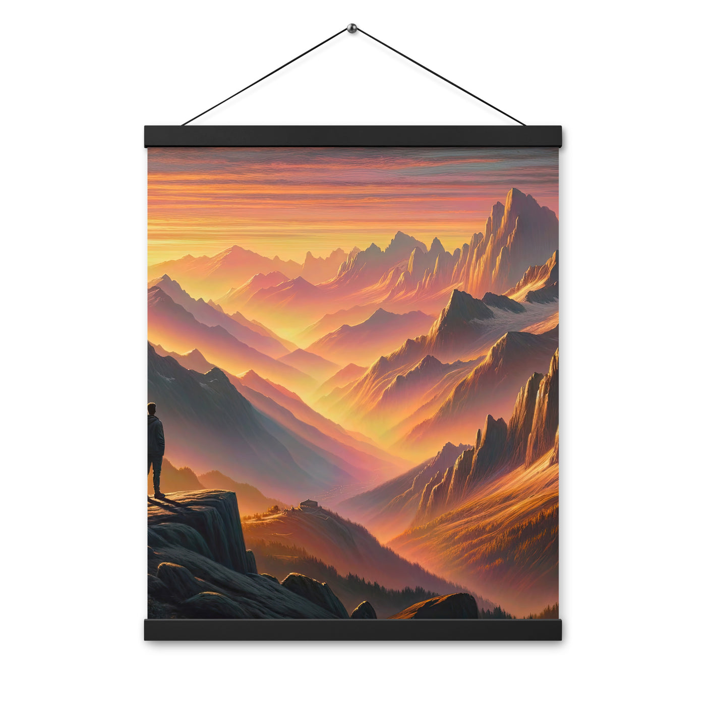Ölgemälde der Alpen in der goldenen Stunde mit Wanderer, Orange-Rosa Bergpanorama - Premium Poster mit Aufhängung wandern xxx yyy zzz 40.6 x 50.8 cm