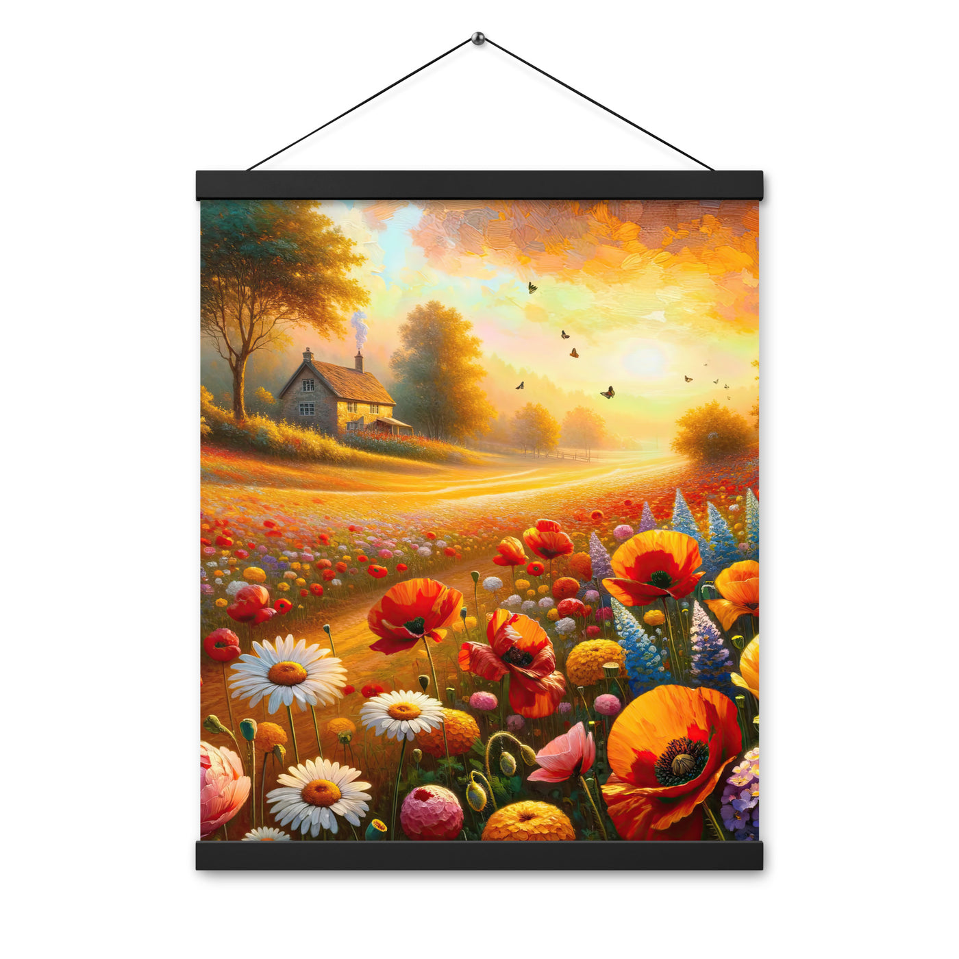Ölgemälde eines Blumenfeldes im Sonnenuntergang, leuchtende Farbpalette - Premium Poster mit Aufhängung camping xxx yyy zzz 40.6 x 50.8 cm