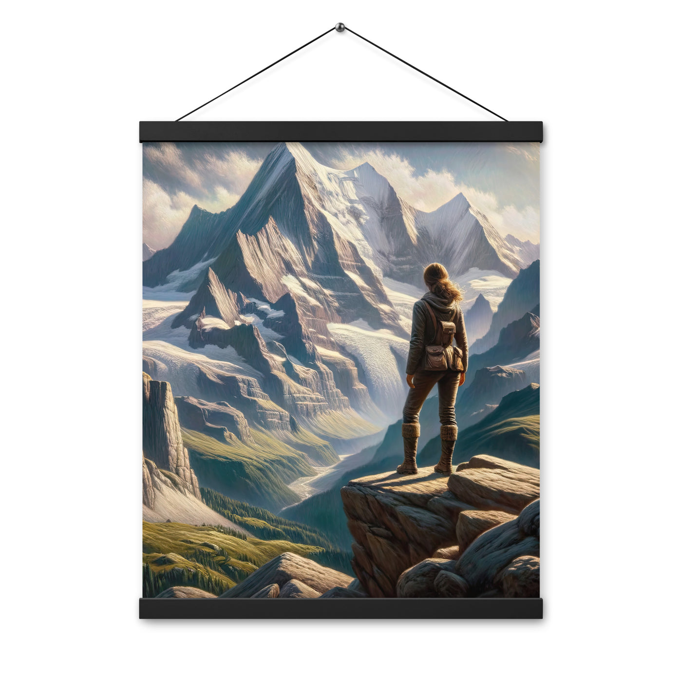 Ölgemälde der Alpengipfel mit Schweizer Abenteurerin auf Felsvorsprung - Premium Poster mit Aufhängung wandern xxx yyy zzz 40.6 x 50.8 cm
