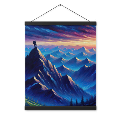 Ölgemälde eines ruhigen Alpenabends mit Bergsteigersilhouette auf dem Gipfel - Premium Poster mit Aufhängung wandern xxx yyy zzz 40.6 x 50.8 cm