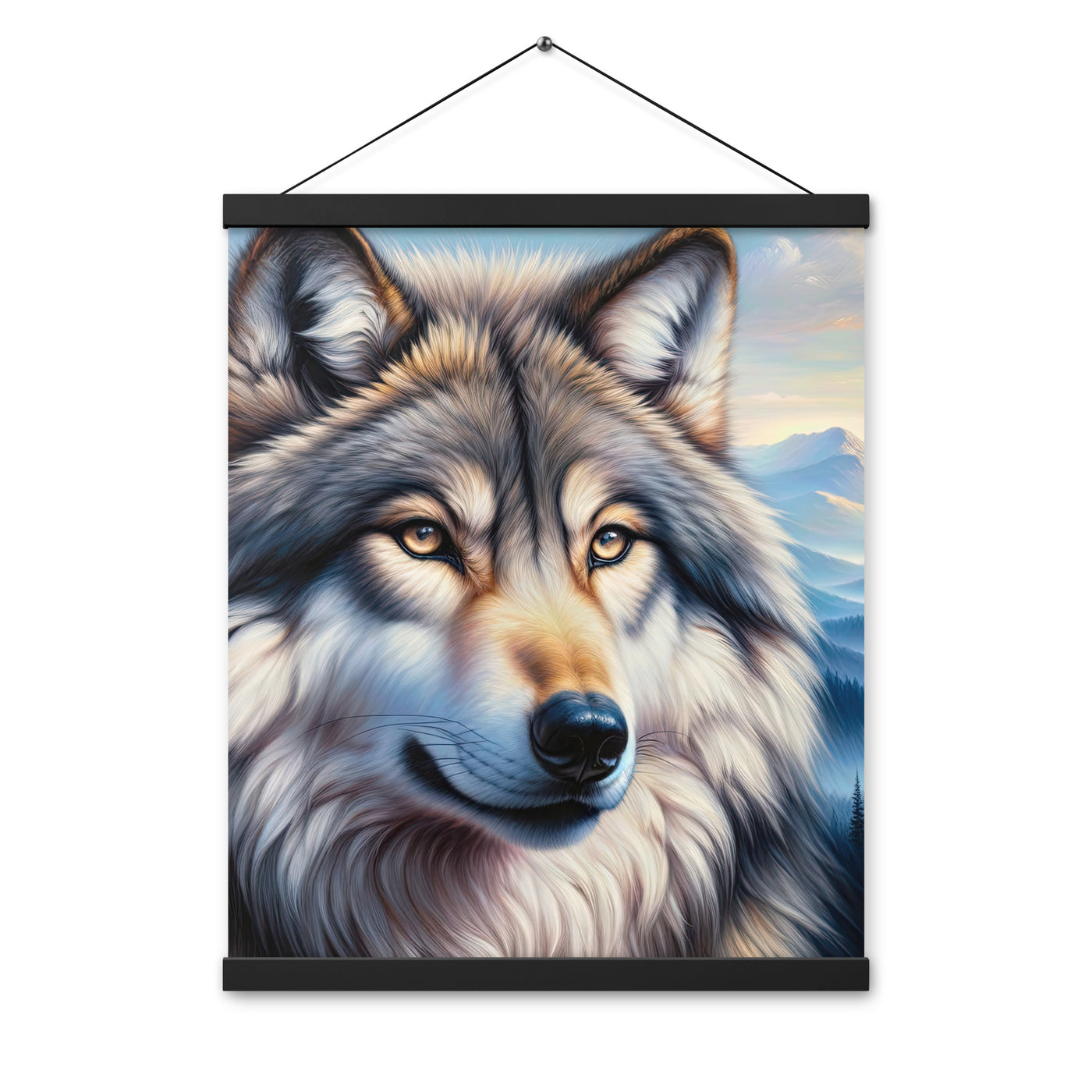 Ölgemäldeporträt eines majestätischen Wolfes mit intensiven Augen in der Berglandschaft (AN) - Premium Poster mit Aufhängung xxx yyy zzz 40.6 x 50.8 cm
