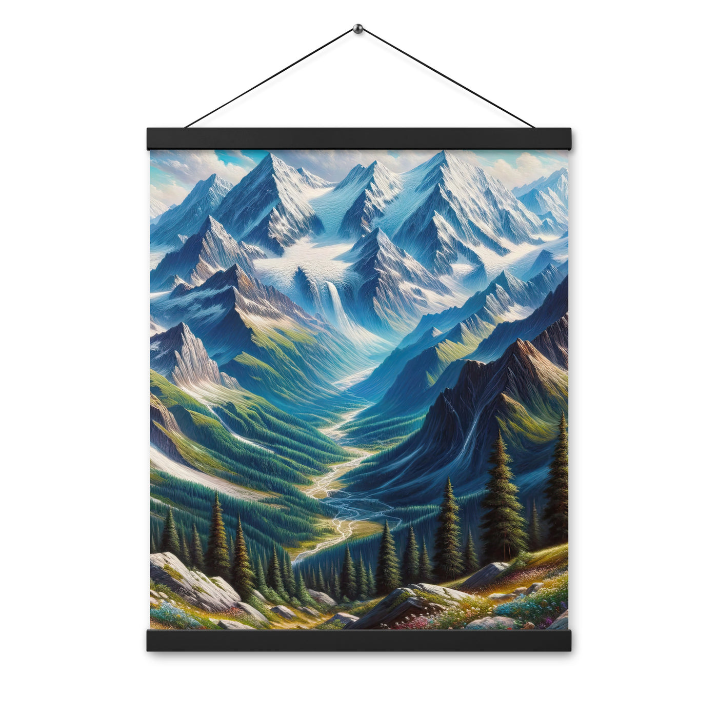 Panorama-Ölgemälde der Alpen mit schneebedeckten Gipfeln und schlängelnden Flusstälern - Premium Poster mit Aufhängung berge xxx yyy zzz 40.6 x 50.8 cm