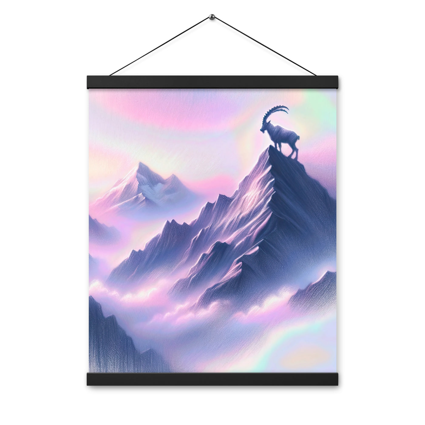 Pastellzeichnung der Alpen im Morgengrauen mit Steinbock in Rosa- und Lavendeltönen - Premium Poster mit Aufhängung berge xxx yyy zzz 40.6 x 50.8 cm