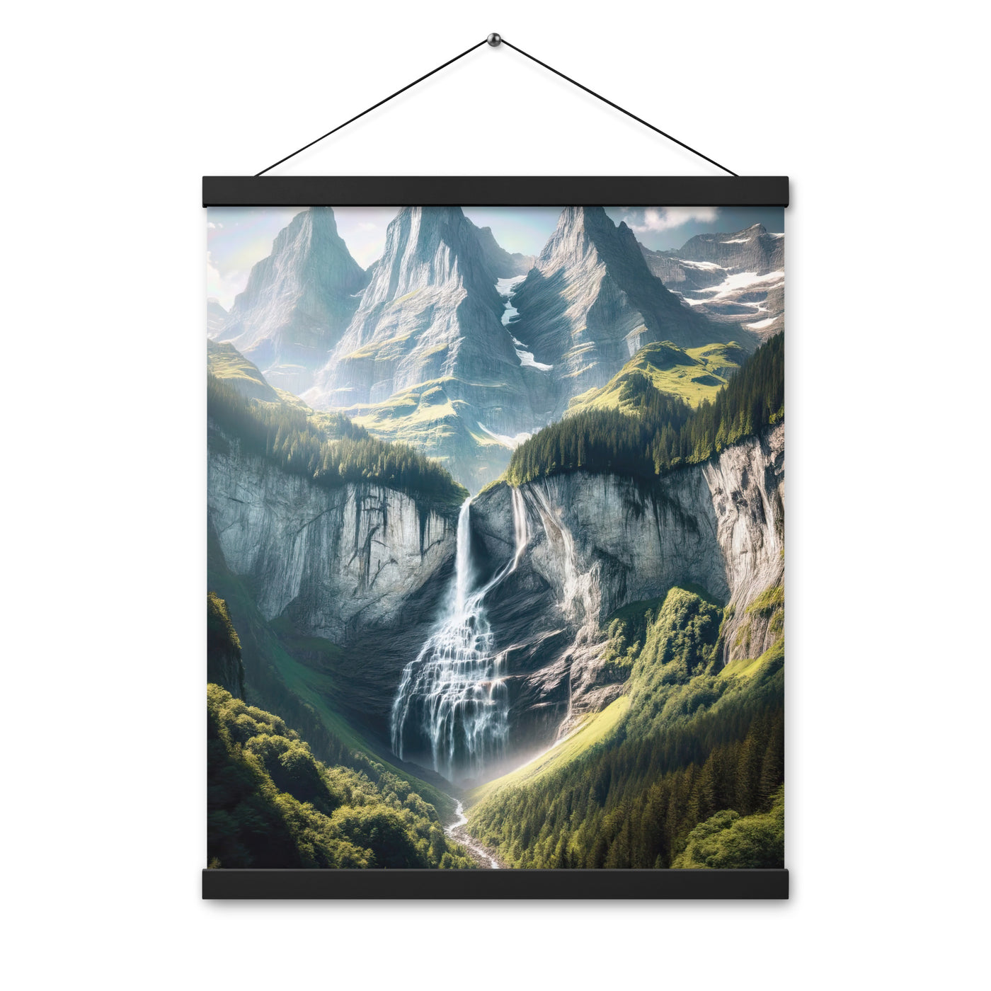 Foto der sommerlichen Alpen mit üppigen Gipfeln und Wasserfall - Premium Poster mit Aufhängung berge xxx yyy zzz 40.6 x 50.8 cm