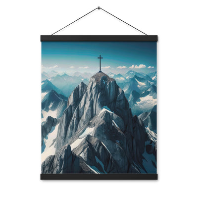 Foto der Alpen mit Gipfelkreuz an einem klaren Tag, schneebedeckte Spitzen vor blauem Himmel - Enhanced Matte Paper Poster With Hanger berge xxx yyy zzz 40.6 x 50.8 cm