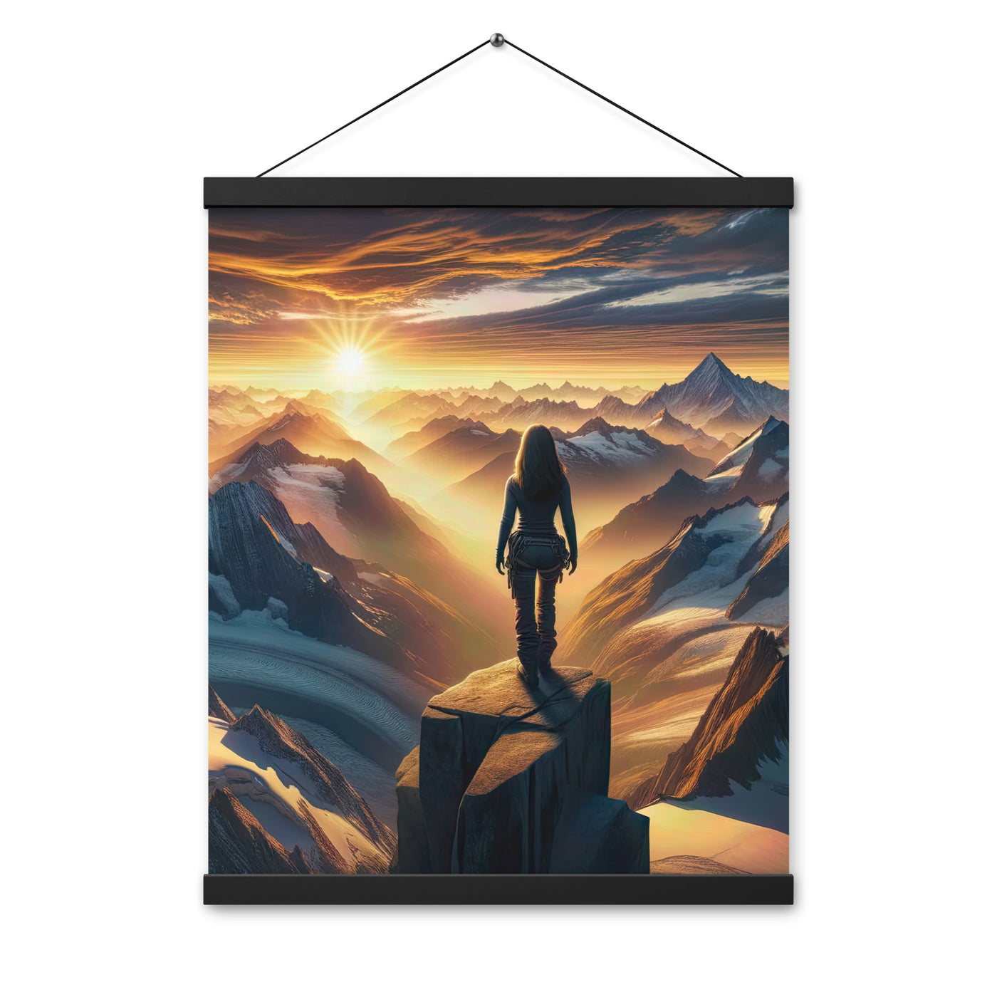 Fotorealistische Darstellung der Alpen bei Sonnenaufgang, Wanderin unter einem gold-purpurnen Himmel - Enhanced Matte Paper Poster With wandern xxx yyy zzz 40.6 x 50.8 cm