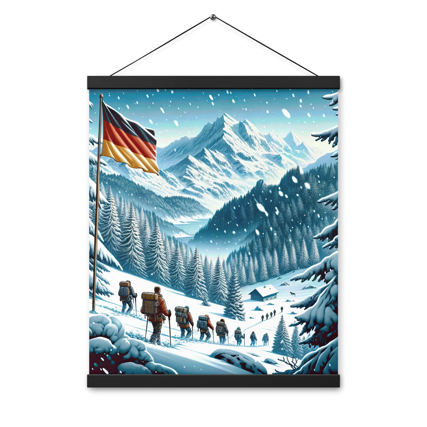 Quadratische Winterillustration der Alpen mit deutscher Flagge und Wanderteam - Premium Poster mit Aufhängung wandern xxx yyy zzz 40.6 x 50.8 cm