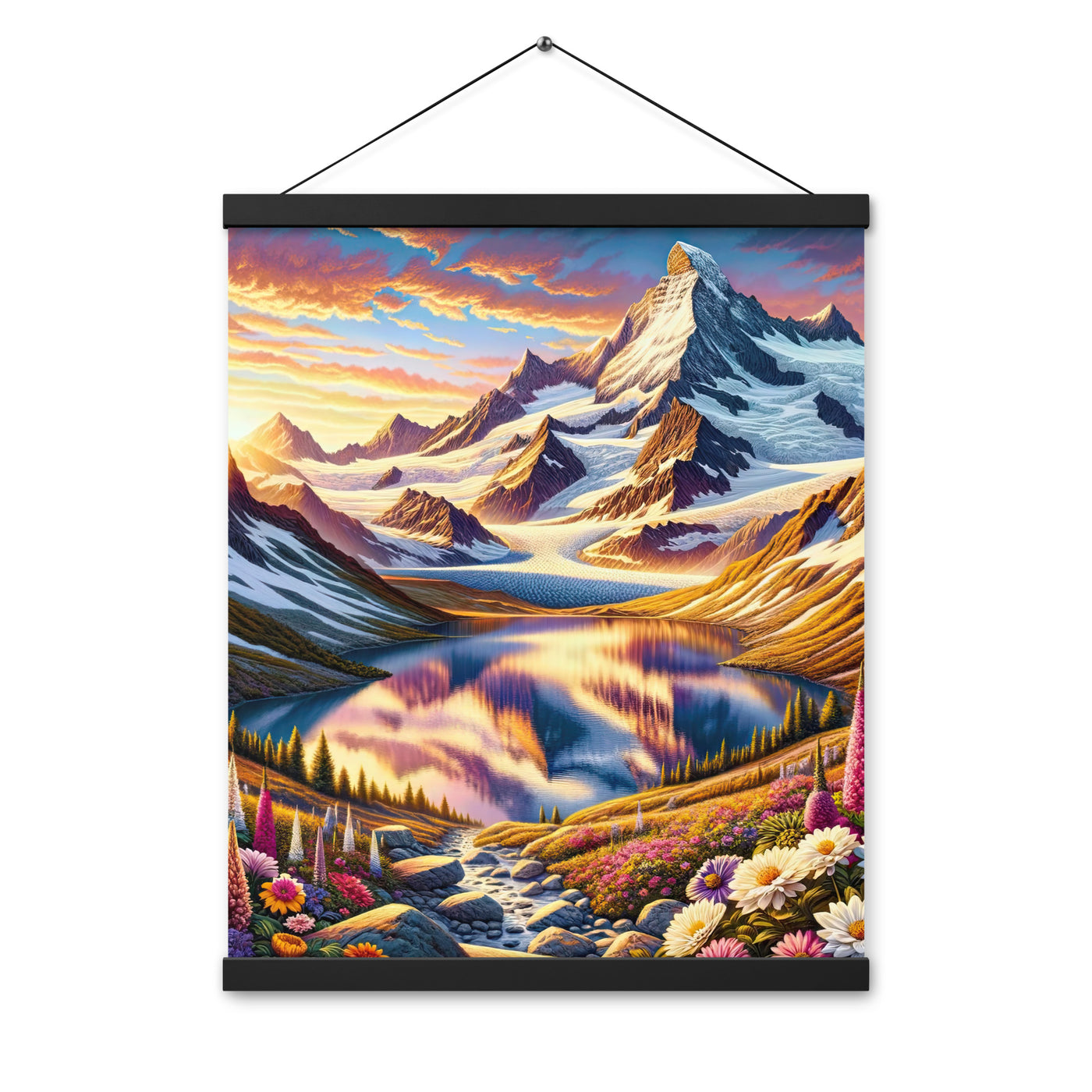 Quadratische Illustration der Alpen mit schneebedeckten Gipfeln und Wildblumen - Premium Poster mit Aufhängung berge xxx yyy zzz 40.6 x 50.8 cm