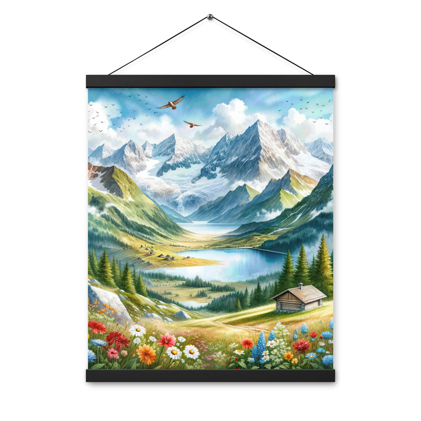 Quadratisches Aquarell der Alpen, Berge mit schneebedeckten Spitzen - Premium Poster mit Aufhängung berge xxx yyy zzz 40.6 x 50.8 cm