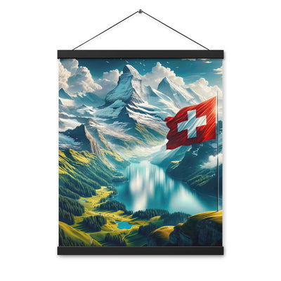 Ultraepische, fotorealistische Darstellung der Schweizer Alpenlandschaft mit Schweizer Flagge - Enhanced Matte Paper Poster With Hanger berge xxx yyy zzz 40.6 x 50.8 cm