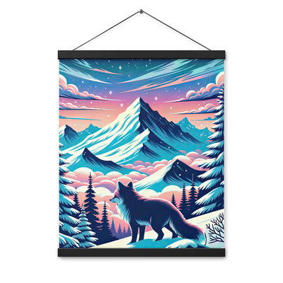 Vektorgrafik eines alpinen Winterwunderlandes mit schneebedeckten Kiefern und einem Fuchs - Premium Poster mit Aufhängung camping xxx yyy zzz 40.6 x 50.8 cm
