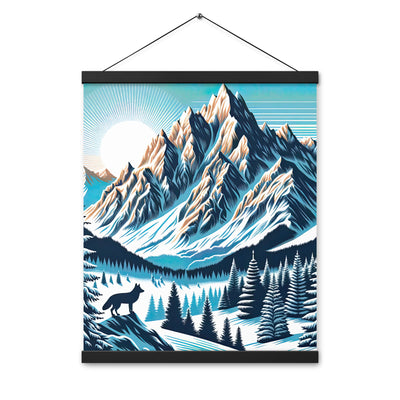 Vektorgrafik eines Wolfes im winterlichen Alpenmorgen, Berge mit Schnee- und Felsmustern - Premium Poster mit Aufhängung berge xxx yyy zzz 40.6 x 50.8 cm
