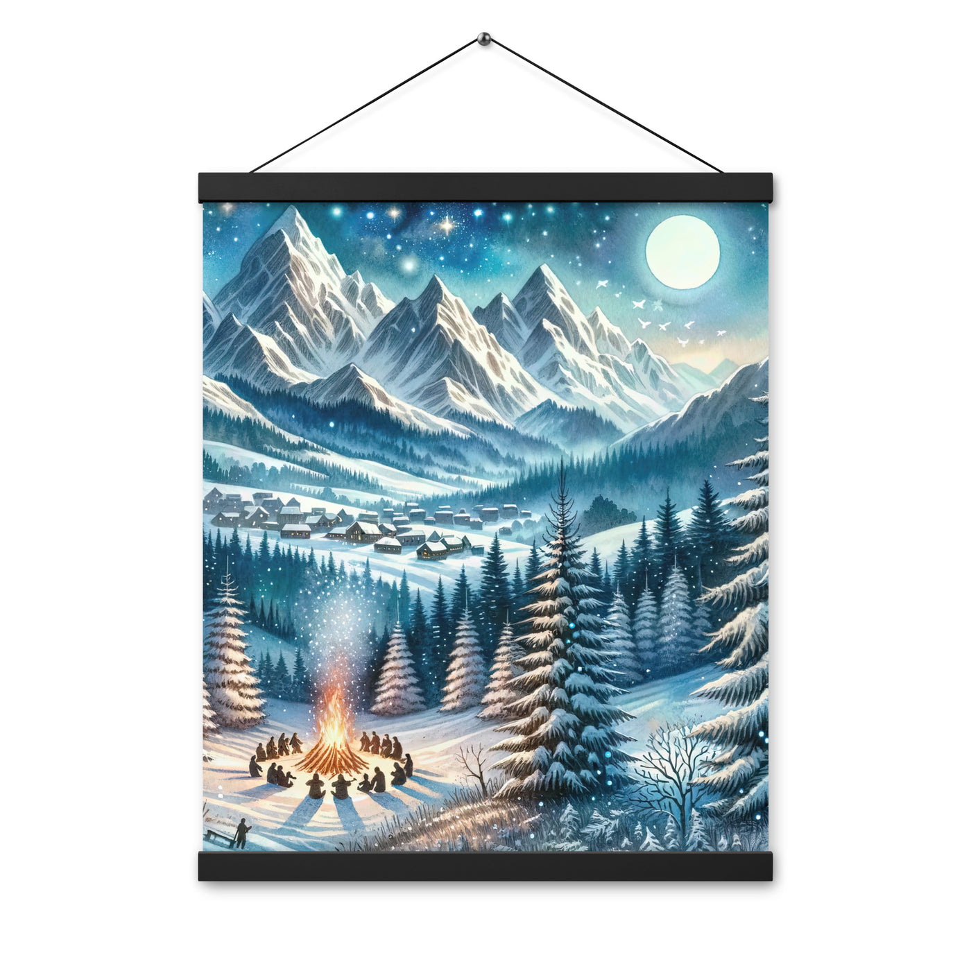 Aquarell eines Winterabends in den Alpen mit Lagerfeuer und Wanderern, glitzernder Neuschnee - Enhanced Matte Paper Poster With Hanger camping xxx yyy zzz 40.6 x 50.8 cm