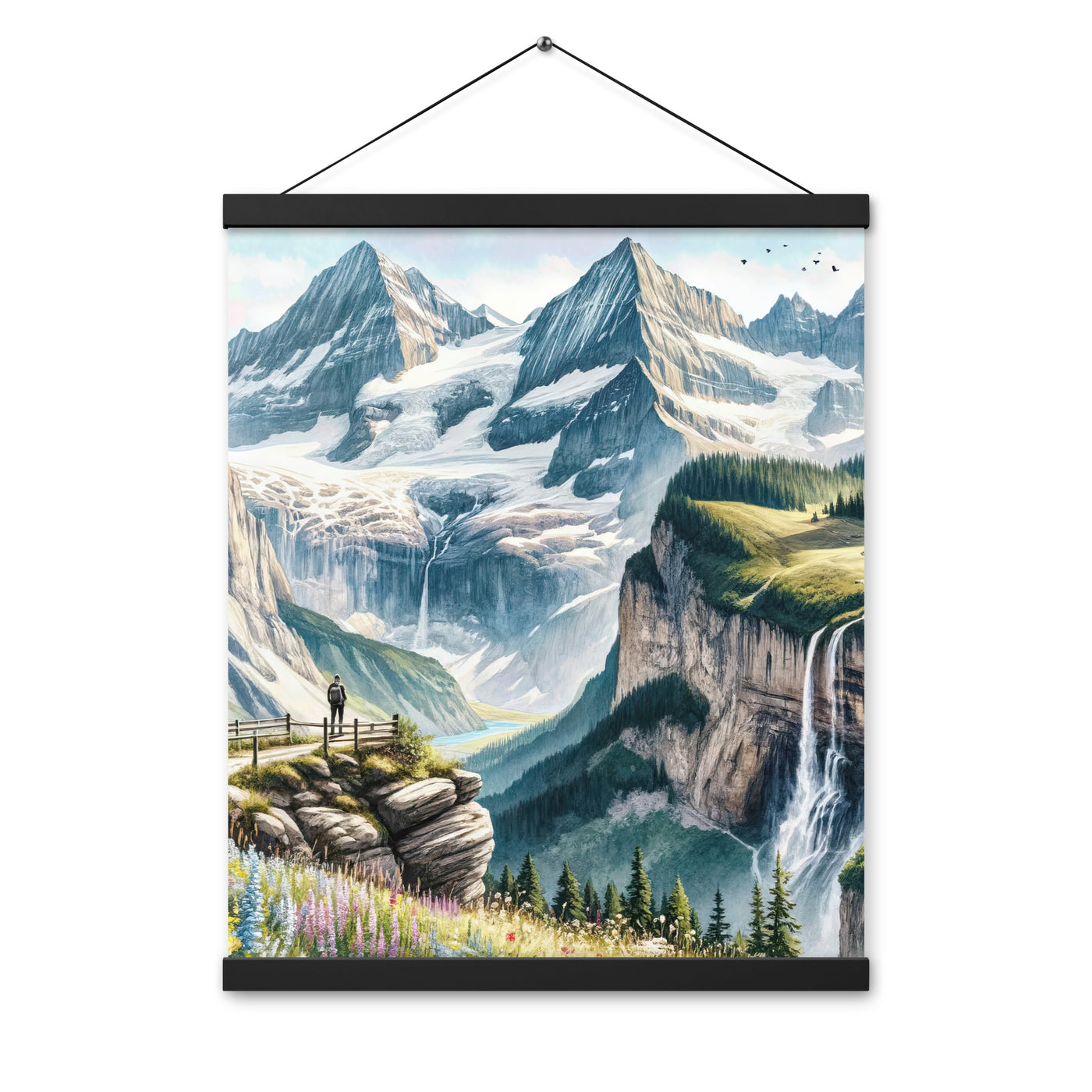 Aquarell-Panoramablick der Alpen mit schneebedeckten Gipfeln, Wasserfällen und Wanderern - Premium Poster mit Aufhängung wandern xxx yyy zzz 40.6 x 50.8 cm