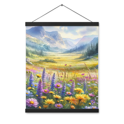 Aquarell einer Almwiese in Ruhe, Wildblumenteppich in Gelb, Lila, Rosa - Premium Poster mit Aufhängung berge xxx yyy zzz 40.6 x 50.8 cm