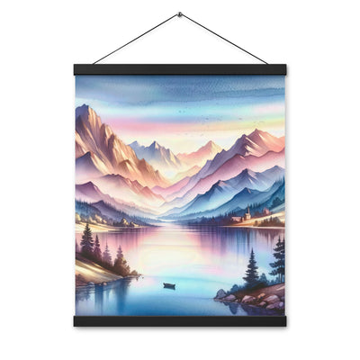 Aquarell einer Dämmerung in den Alpen, Boot auf einem See in Pastell-Licht - Premium Poster mit Aufhängung berge xxx yyy zzz 40.6 x 50.8 cm
