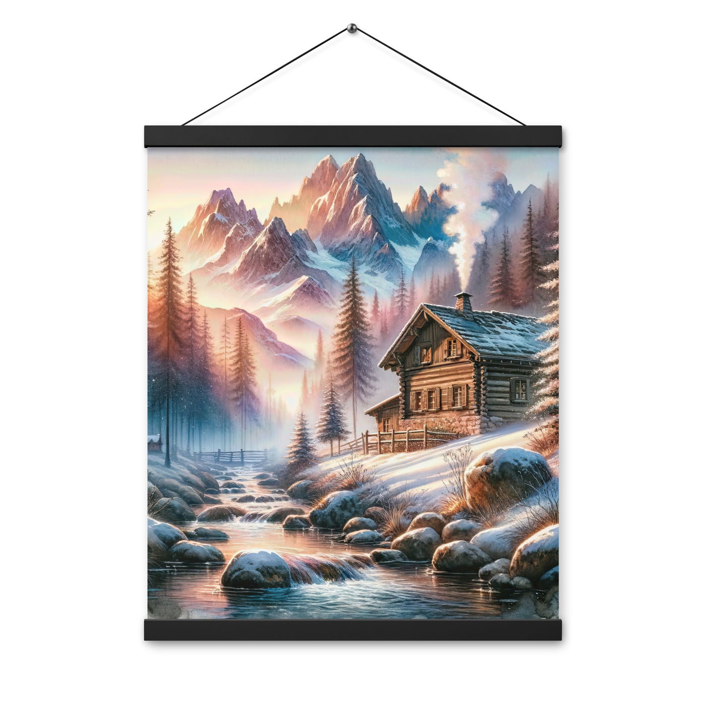 Aquarell einer Alpenszene im Morgengrauen, Haus in den Bergen - Premium Poster mit Aufhängung berge xxx yyy zzz 40.6 x 50.8 cm