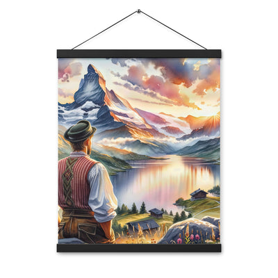 Aquarell einer Berglandschaft in der goldenen Stunde mit österreichischem Wanderer - Premium Poster mit Aufhängung wandern xxx yyy zzz 40.6 x 50.8 cm