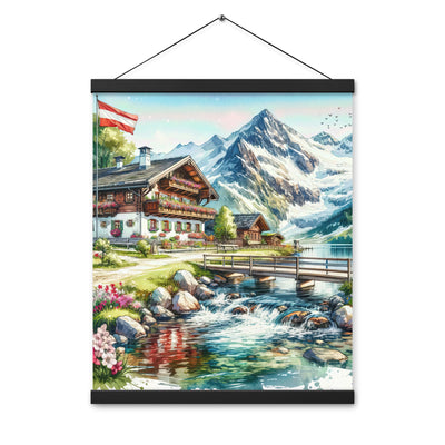 Aquarell der frühlingshaften Alpenkette mit österreichischer Flagge und schmelzendem Schnee - Enhanced Matte Paper Poster With Hanger berge xxx yyy zzz 40.6 x 50.8 cm