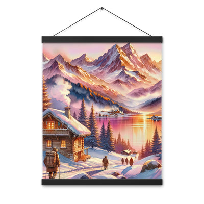 Aquarell eines Alpenpanoramas mit Wanderern bei Sonnenuntergang in Rosa und Gold - Premium Poster mit Aufhängung wandern xxx yyy zzz 40.6 x 50.8 cm