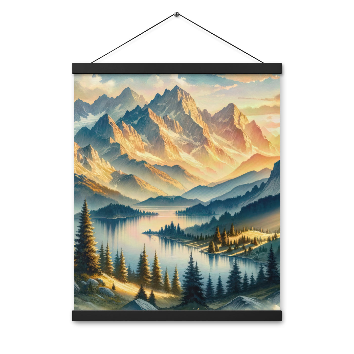 Aquarell der Alpenpracht bei Sonnenuntergang, Berge im goldenen Licht - Premium Poster mit Aufhängung berge xxx yyy zzz 40.6 x 50.8 cm