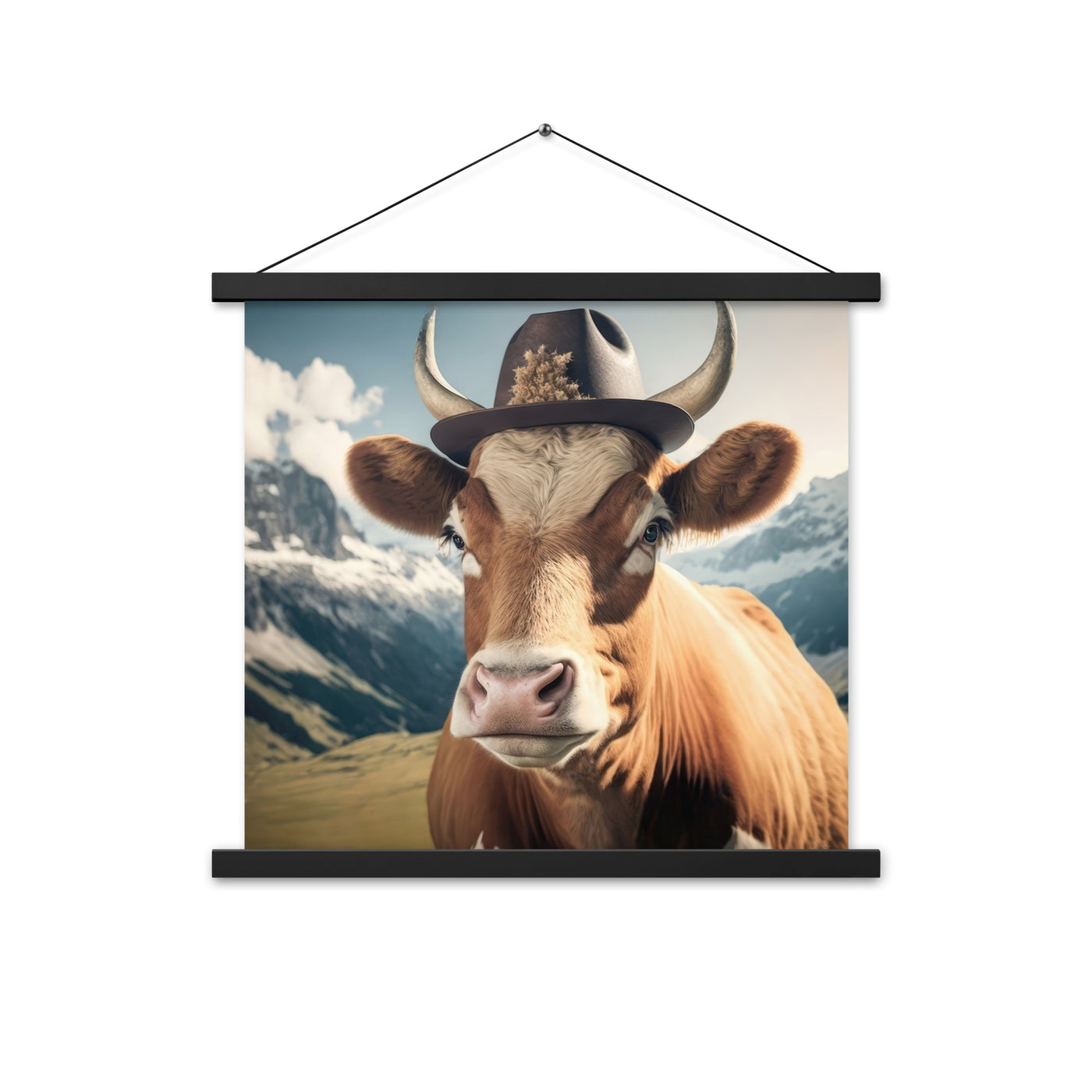 Kuh mit Hut in den Alpen - Berge im Hintergrund - Landschaftsmalerei - Premium Poster mit Aufhängung berge xxx Black 45.7 x 45.7 cm