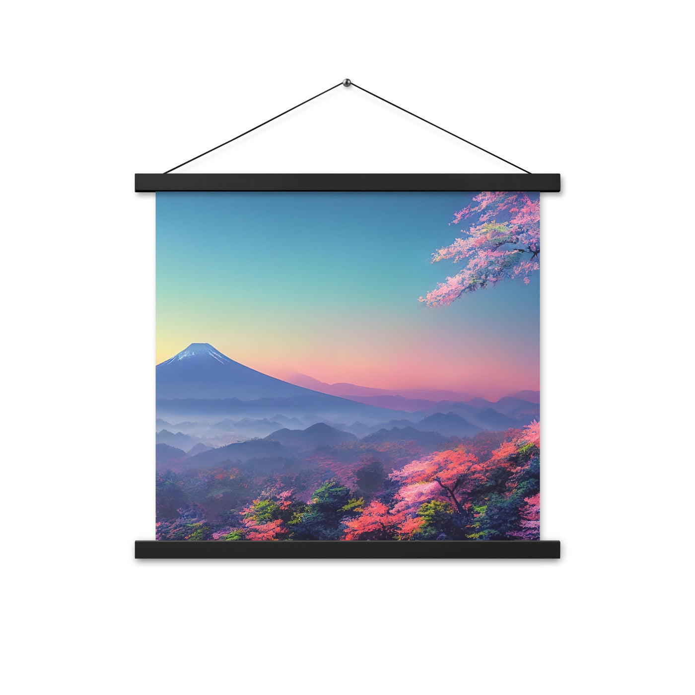 Berg und Wald mit pinken Bäumen - Landschaftsmalerei - Premium Poster mit Aufhängung berge xxx Black 45.7 x 45.7 cm