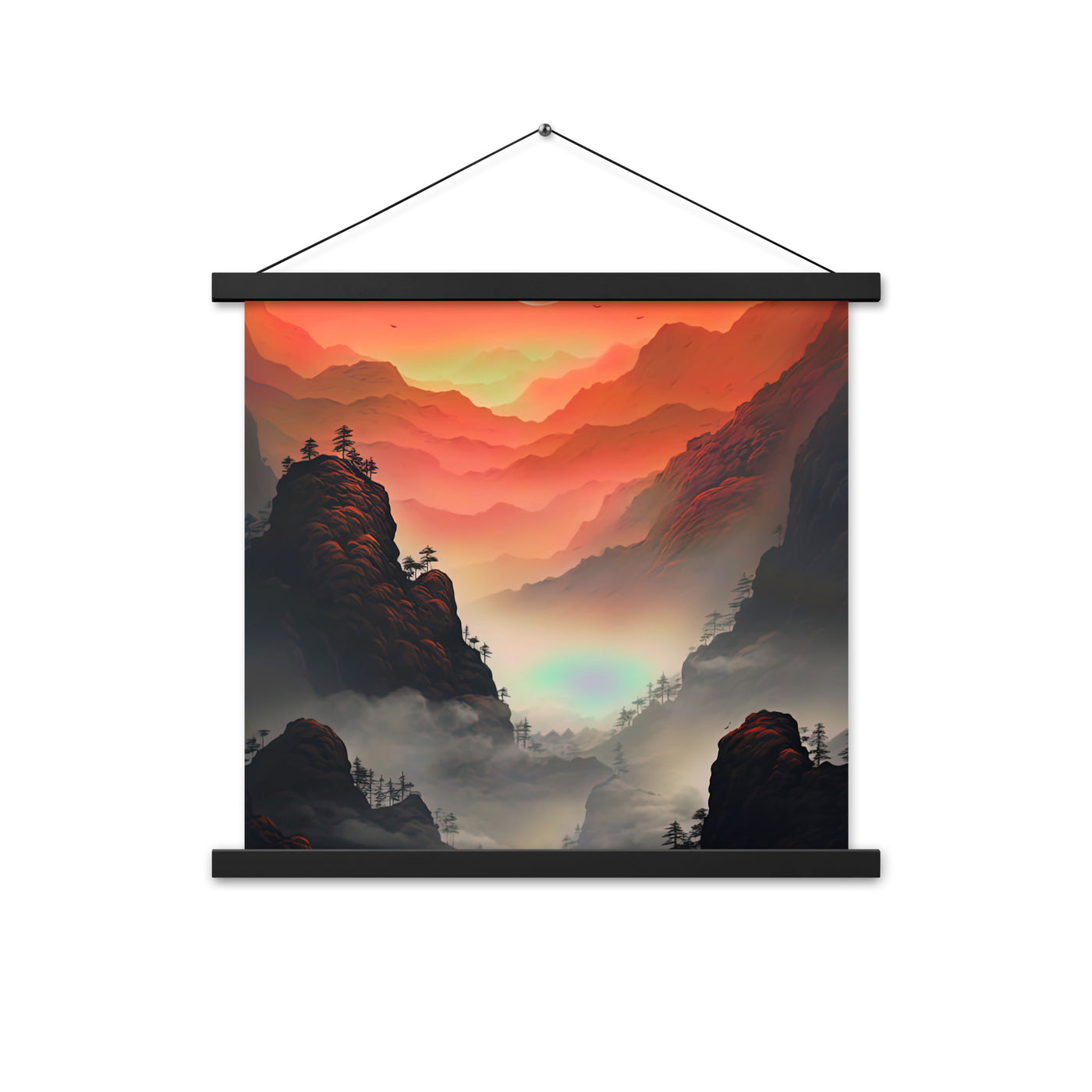 Gebirge, rote Farben und Nebel - Episches Kunstwerk - Premium Poster mit Aufhängung berge xxx 45.7 x 45.7 cm