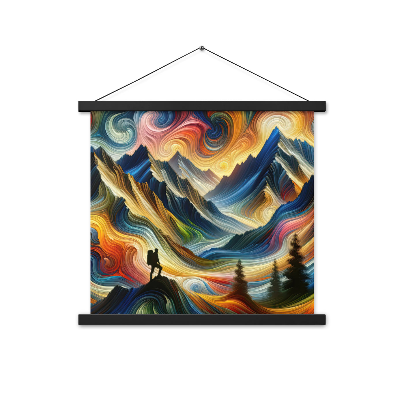 Abstraktes Kunstgemälde der Alpen mit wirbelnden, lebendigen Farben und dynamischen Mustern. Wanderer Silhouette - Enhanced Matte Paper wandern xxx yyy zzz 45.7 x 45.7 cm