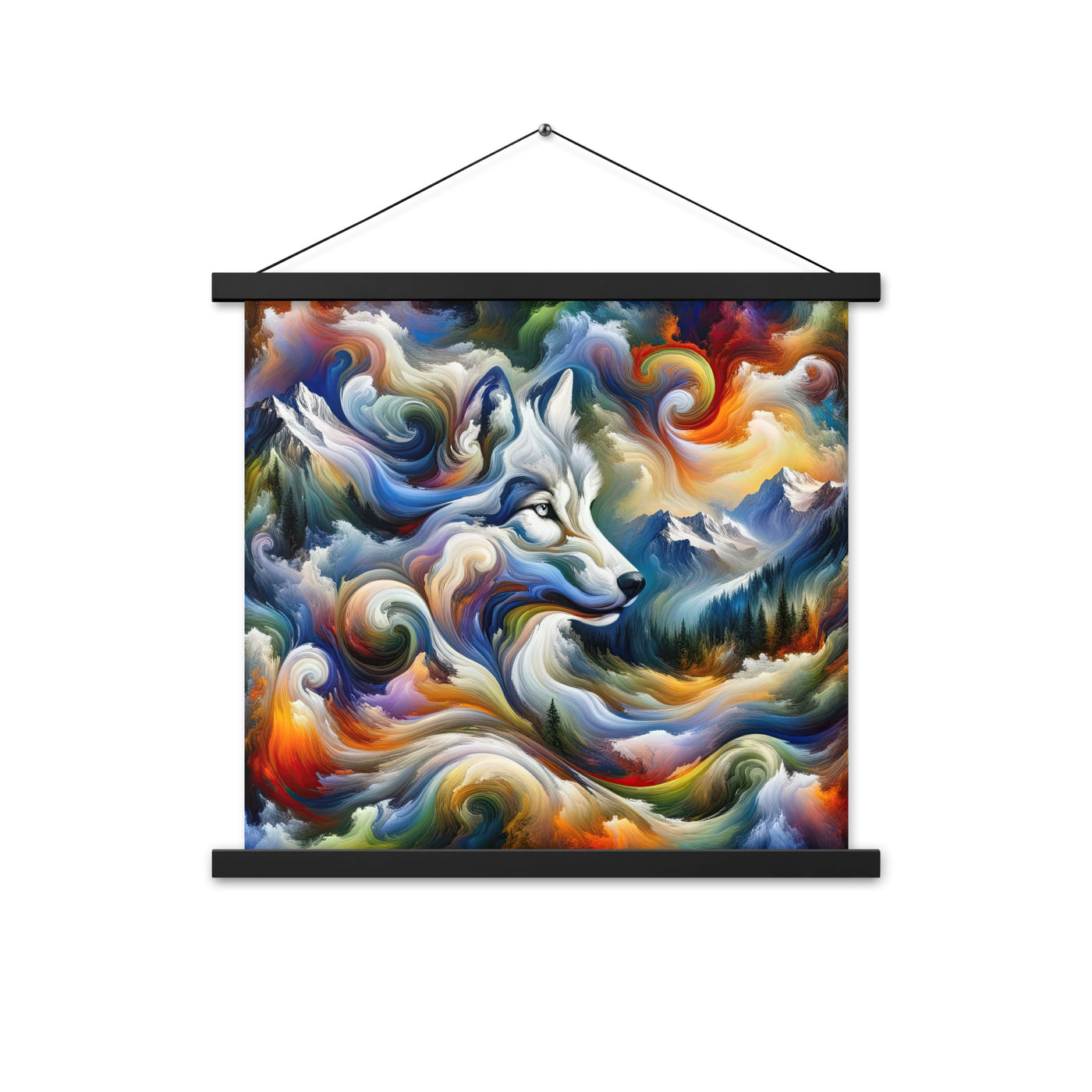 Abstraktes Alpen Gemälde: Wirbelnde Farben und Majestätischer Wolf, Silhouette (AN) - Premium Poster mit Aufhängung xxx yyy zzz 45.7 x 45.7 cm
